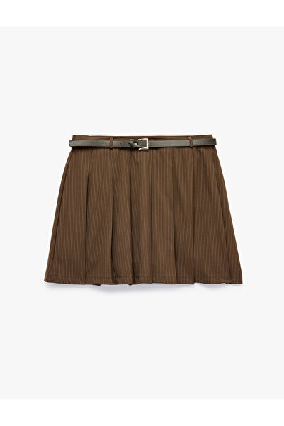 Koton Viscose Blend Belted Pleated Striped Mini Shorts Skirt