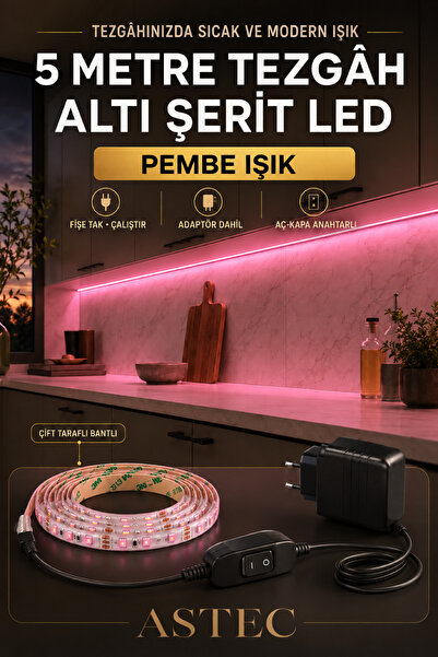 ASTEC Mutfak Dolabı Tezgah Üstü İçin 5 Metre Pembe Renk 12v Adaptörlü Aç Kapa...