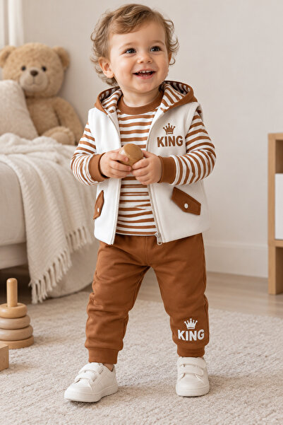 NOTA KİDS Erkek Bebek 3 Parça Takım Şişme Yelekli King Baskılı Sweatshirt ve ...