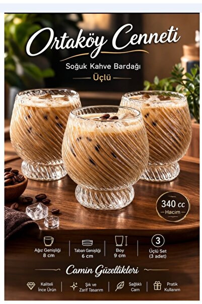 ORTAKÖYCENNETİ Cold Coffee Glass 3-Piece Chubby Model New Concept 340 Cc Volu...