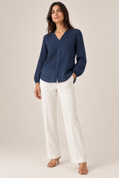Nuevo Women's Navy Blue V-Neck Buttoned Long Sleeve Textured Blouse Shirt New Season
