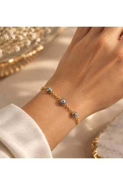 ArzaCollection Stone Sphere Detailed Evil Eye Bead Gold Color Chain Bracelet