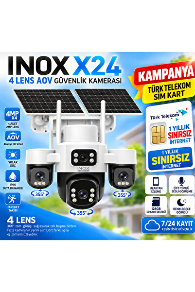 inox X24 4 Lens 4G Solar Güvenlik Kamerası 2 MP + 1 Yıl Sınırsız Türk Telekom...