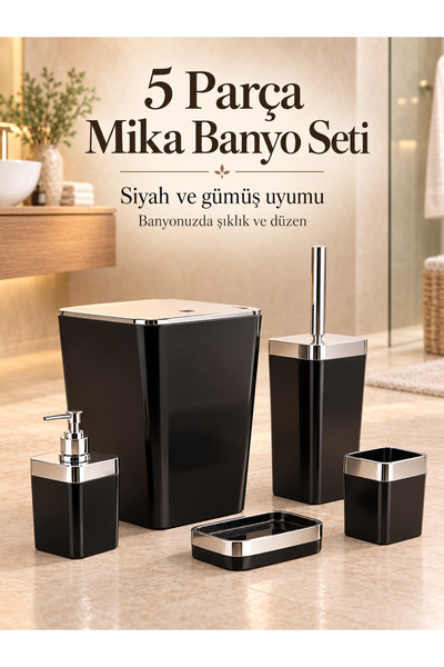 Genel Markalar 5 Parça Mika Banyo Seti – Siyah Gümüş Detaylı Çöp Kovası, Tuva...
