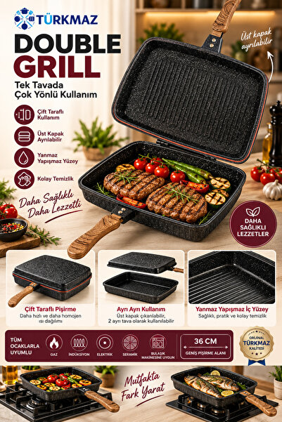 TÜRKMAZ Double Grill - 36 cm Çift Taraflı Ayrılabilir Özel Döküm Granit Izgar...