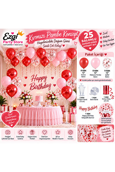 Ezgi Party Store 25 Balonlu Kırmızı Makaron Pembe Doğum Günü Konsept Seti 2 A...
