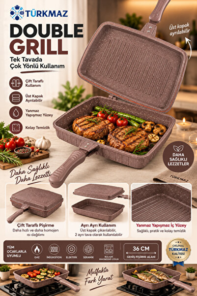 TÜRKMAZ Double Grill - 36 cm Çift Taraflı Ayrılabilir Özel Döküm Granit Izgar...