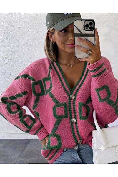 ZERELLE COLLECTİON كارديجان نسائي وردي مزخرف بياقة على شكل حرف V وتفاصيل أزرار