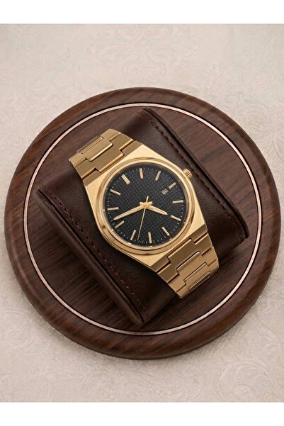 Mazzy Tisan Round Design Calendar Gold Black Dial Steel Men's Wristwatch