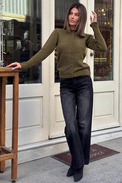 Swist Khaki Coated Buttoned Crew Neck Ribbed Women's Knitwear Cardigan