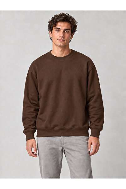 Unisex Oversize Bisiklet Yaka Ribanalı Sweatshirt Kahverengi 3 İplik İçi Şardonlu Basic