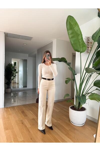 MERVE AKSOY Loose Süet Kemerli Pantolon - Naturel