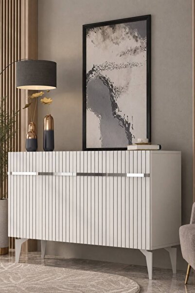 Modova Home 120MHK5BG TEDDY LAZER PLEKSİ DESEN KONSOL ve TV SEHPASI BEYAZ-GÜMÜŞ