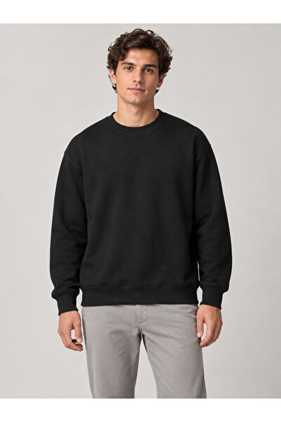 Unisex Oversize Bisiklet Yaka Ribanalı Sweatshirt Siyah 3 İplik İçi Şardonlu Basic