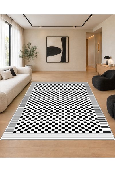SionFabric Dijital Baskı Mono Chess Çizgili Modern Beyaz Siyah Salon Halısı M...