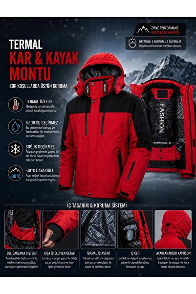 MODAZENGEL Erkek Kırmızı Termal Su Geçirmez Kayak Montu