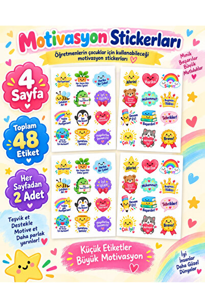 Ceres Studio Öğretmen Motivasyon Sticker Seti – 48 Adet 4 Sayfa Renkli Başarı...