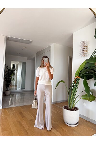 MERVE AKSOY Beli Lastikli Tok Dokulu Saten Pantolon - Taş