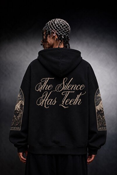 Slatra هودي رجالي أسود كبير الحجم مطرز بتصميم Silence Patch