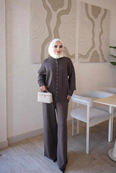 İmajButik Brown Corsman Premium Knitwear Cardigan and Trousers Set