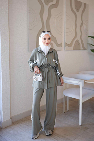 İmajButik Haki Fermuarlı Şeritli Tunik Pantolonlu Takım