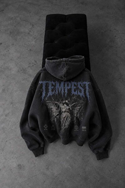 Slatra Erkek Siyah Tempest Özel Yıkamalı Oversize Hoodie