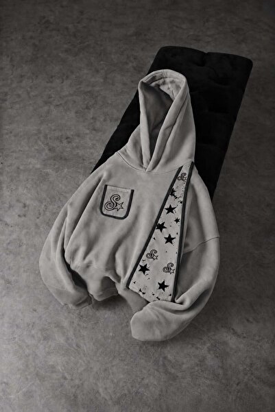 Slatra Erkek Gri S'Star Kot Biye Oversize Hoodie