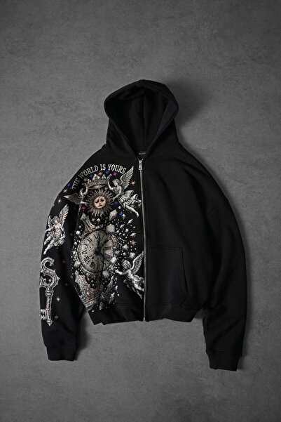 Slatra Men's Black Universal Embroidered Oversize Full Zip Hoodie