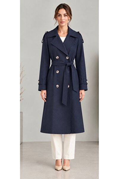 SheLoria Women's Navy Blue Double-Breasted Collar Belted Long Trench Coat