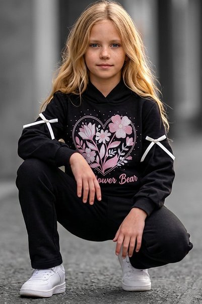 mycuess Girl's "Wildflower Bear" Premium Oysho Fabric Hooded Tracksuit Set