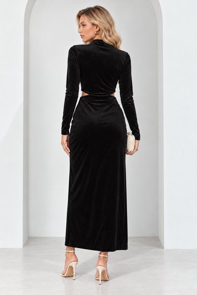 LAREON Women's Sun Accessory Side Window Slit Long Sleeve Velvet Maxi Dress Mkk1033