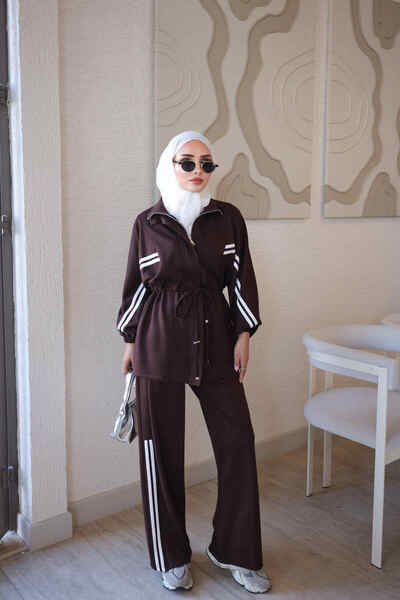 İmajButik Kahverengi Fermuarlı Şeritli Tunik Pantolonlu Takım