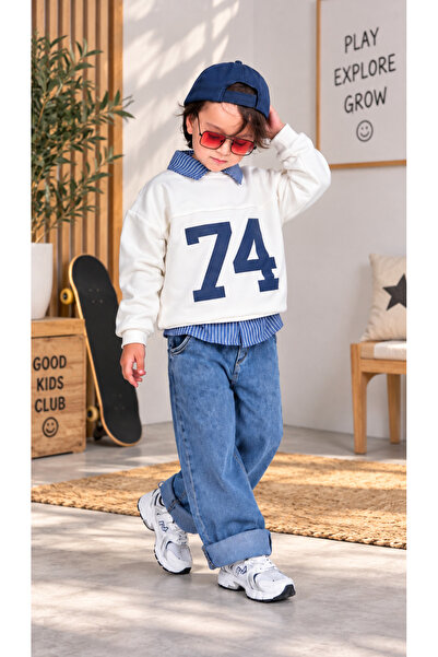 Erkek Çocuk 74 Baskılı 3'lü Gömlekli Takım – Sweatshirt, Çizgili Gömlek ve Jean Pantolon