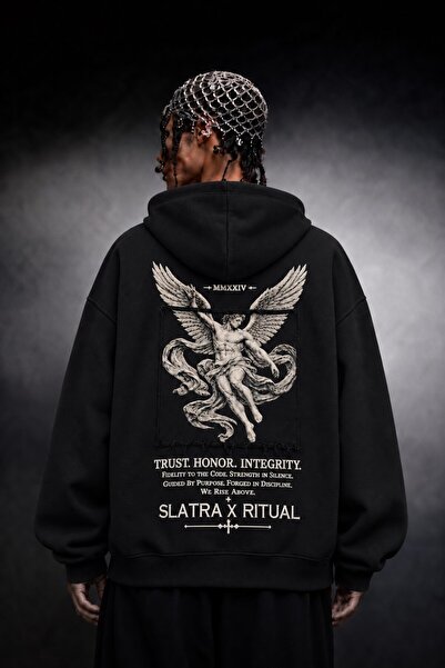 Slatra هودي رجالي أسود كبير الحجم بتصميم Ritual Patch