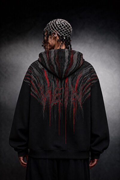 Slatra Erkek Siyah Vein Oversize Hoodie