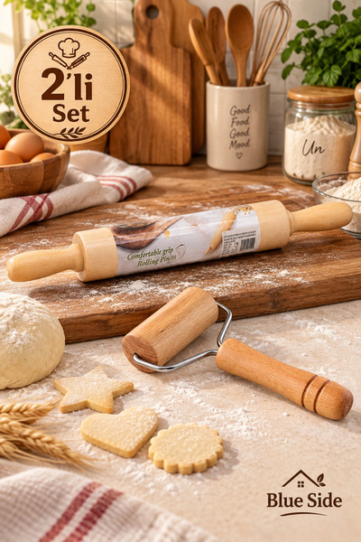 BLUE SİDE 2’li Ahşap Oklava Seti 45 cm – Hamur Açma Oklavası ve Mini Hamur Şekillendirme Rulosu – Merdane Pasta Börek Mantı Pizza Hamur Açıcı