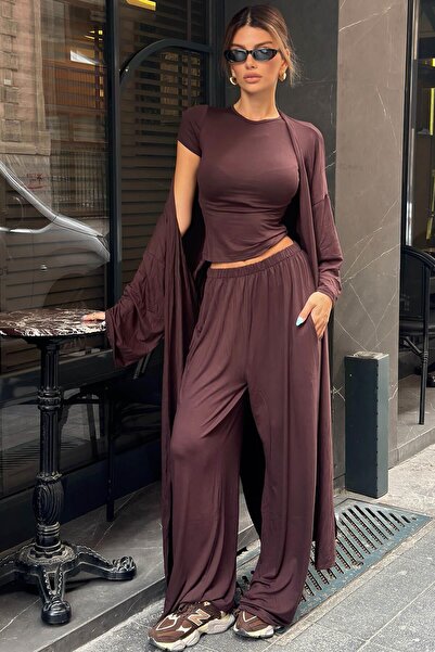 Swist Brown Slit Cardigan Half Sleeve Crop Top and Wide Leg Pants Women's 3-P...