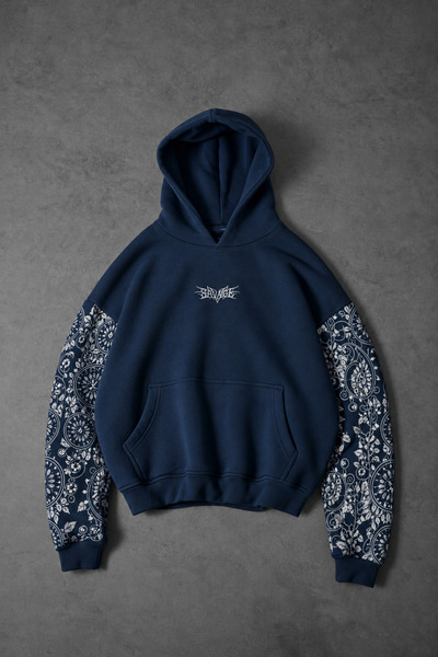 Slatra Erkek Lacivert Savage Nakışlı Oversize Hoodie