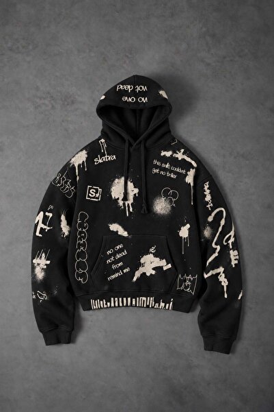 Slatra Erkek Siyah S Grafiti Oversize Hoodie