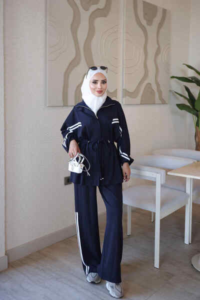 İmajButik Lacivert Fermuarlı Şeritli Tunik Pantolonlu Takım