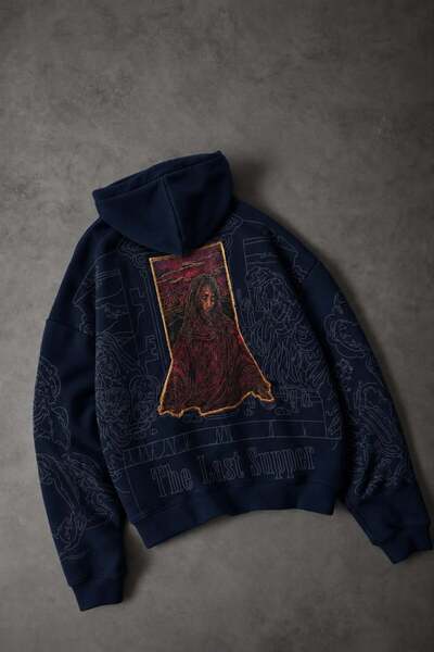 Slatra Erkek Lacivert Sanctum Kadife Patch Oversize Hoodie