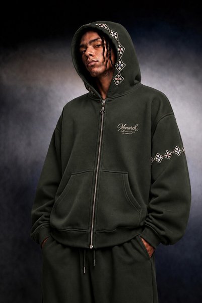 Slatra Erkek Haki Monarch Nakışlı Oversize Full Zip Hoodie