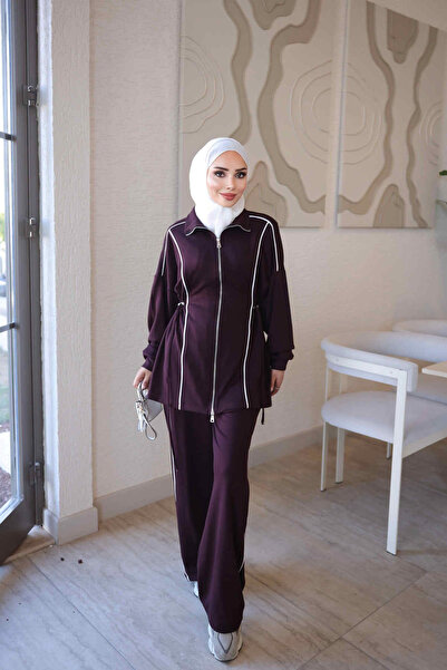 İmajButik Mürdüm Fermuarlı Biye Detaylı Tunik Pantolonlu Takım