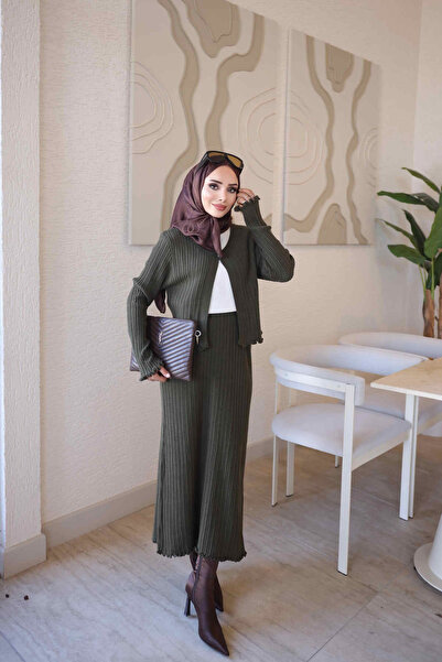 İmajButik Haki Corsman Fitilli Hırka Etekli Triko 3 lü Takım