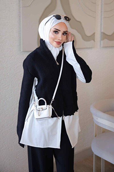 İmajButik Siyah Corsman Gömlek Detay Pantolonlu Triko Takım