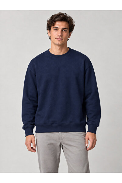 Unisex Oversize Bisiklet Yaka Ribanalı Sweatshirt Lacivert 3 İplik İçi Şardonlu Basic