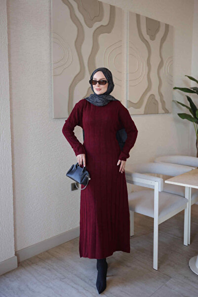 İmajButik Bordo Fitilli Bel Bağlamalı Triko Elbise