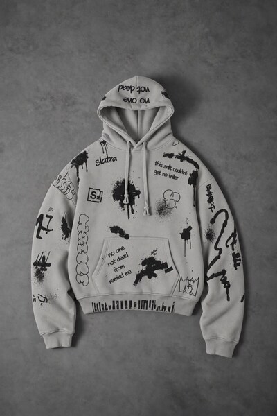 Slatra Erkek Gri S Grafiti Oversize Hoodie