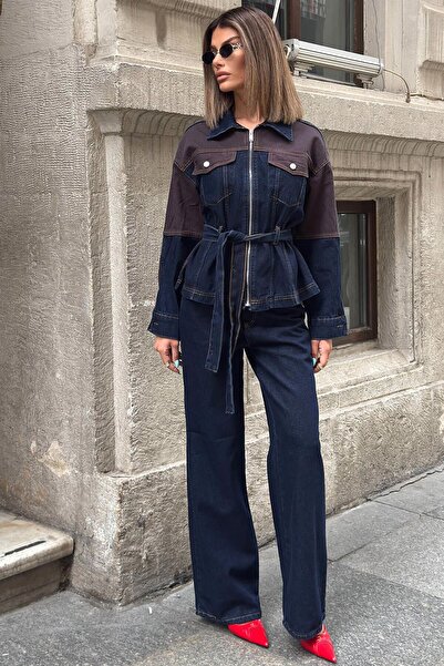 Swist Navy Blue Garnished Zippered Belted Jacket and Wide-Legged Trousers Wom...