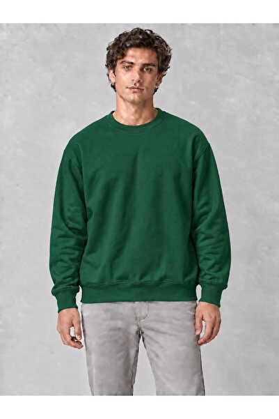 Unisex Oversize Bisiklet Yaka Ribanalı Sweatshirt Yeşil 3 İplik İçi Şardonlu Basic